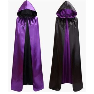 Cloak Purple & Black Reversible Satin Hooded Cape Halloween Witcher Cosplay OS